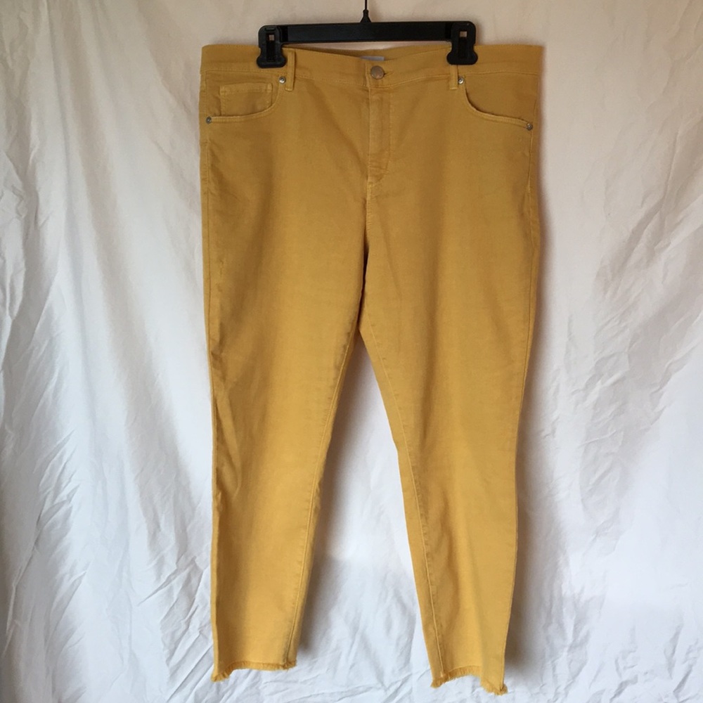 Loft unfinished hem ankle jean. Mustard yellow